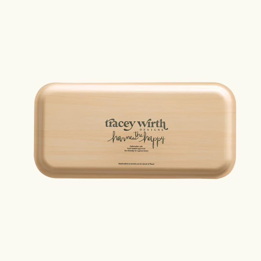 A rectangular birch wood tray with a whimsical pattern of gnomes,and mushrooms in various colors.2