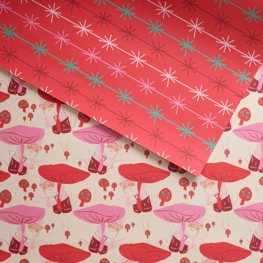 Peeking Gnomes and Garland Double Sided Gift Wrap set of 2