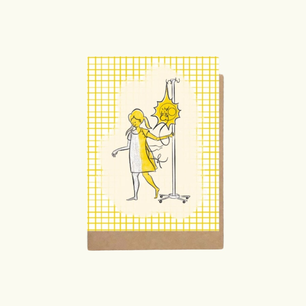 A drawing on the front of this card features a young woman with an iv hooked up to a sun flowing into her. A get well card or a sunny happy card
