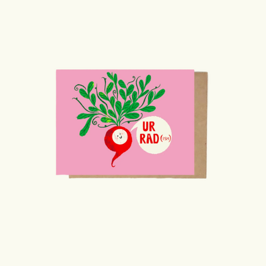 A greeting card with a vintage inspired design, featuring a bubble that says 'UR RADish' alongside a vintage-style illustration of a radish.

