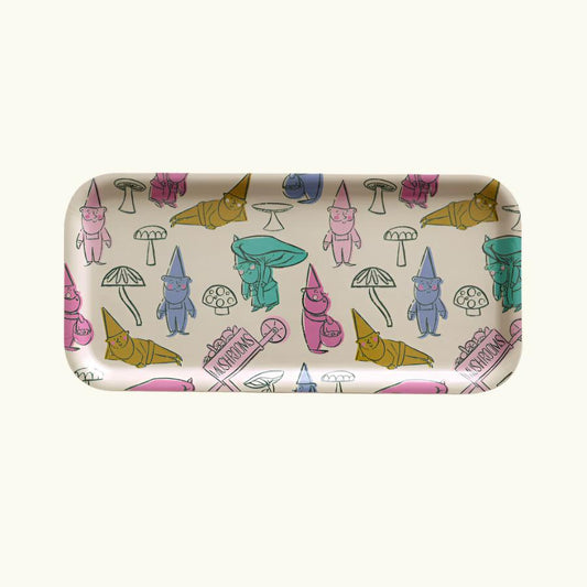 A rectangular birch wood tray with a whimsical pattern of gnomes,and mushrooms in various colors.