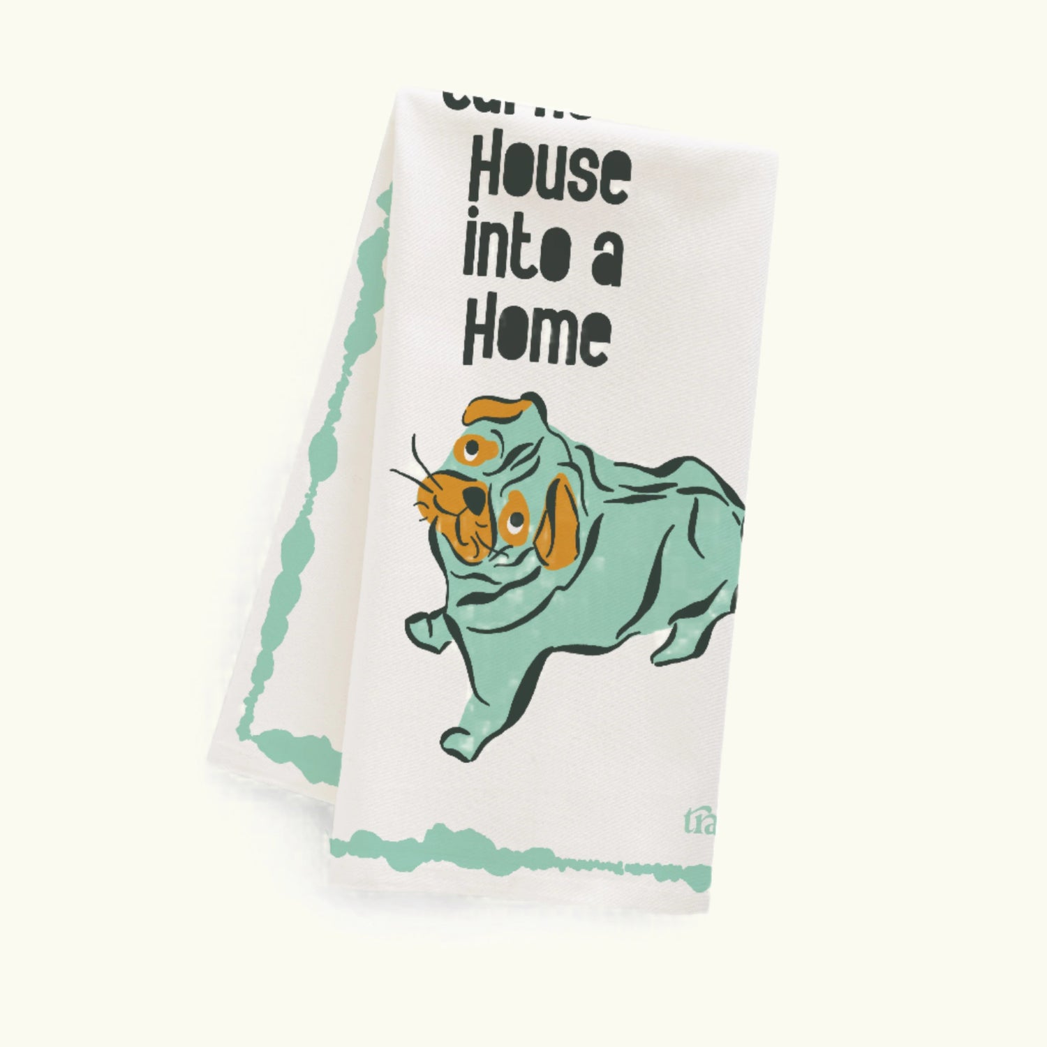 A white cotton dish towel with a graphic print of a dog a pug in the center, featuring a green collar and a loop for hanging.

