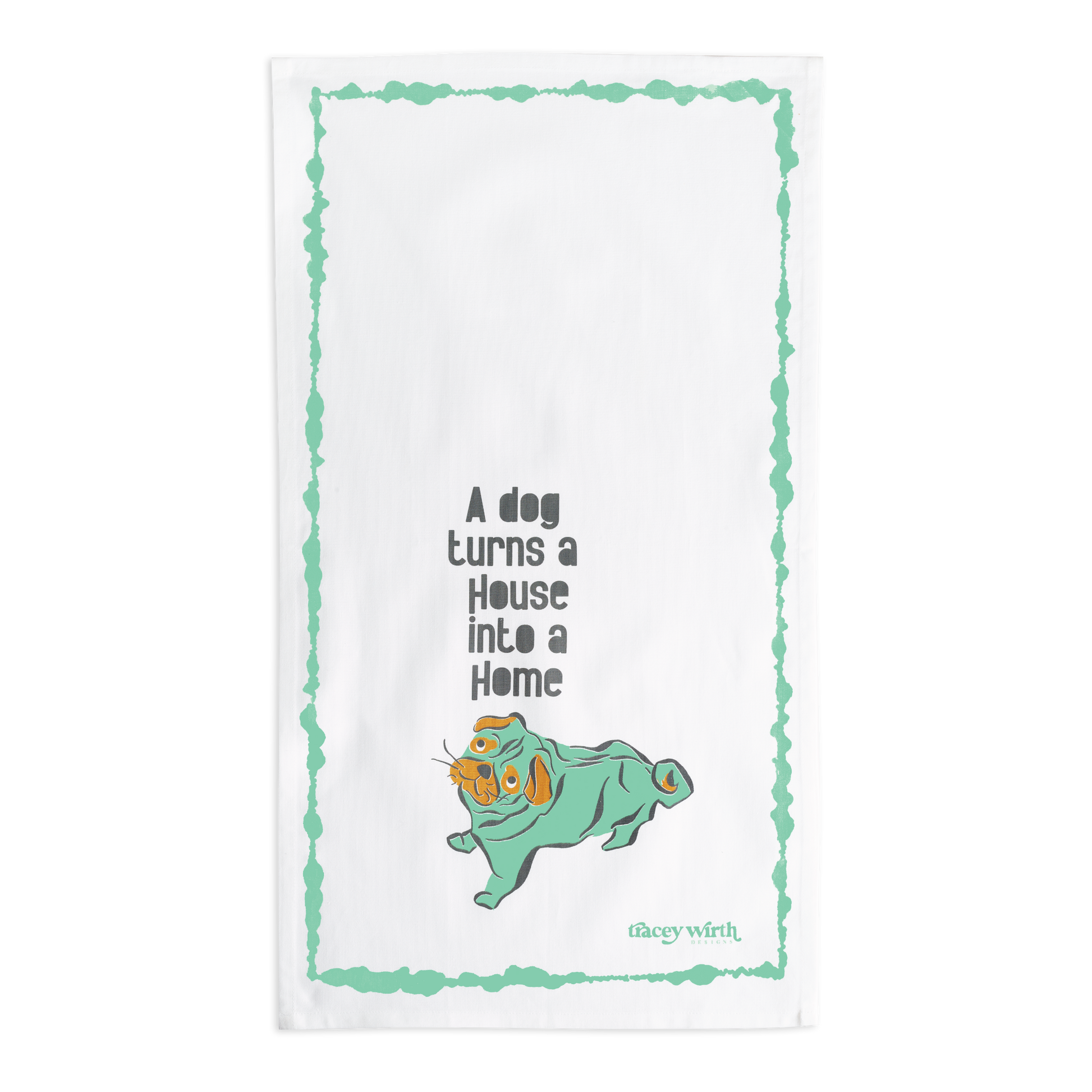 A white cotton dish towel with a graphic print of a dog a pug in the center, featuring a green collar and a loop for hanging.2
