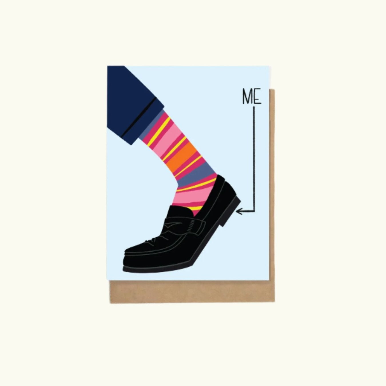 Greeting card with an illustration of a shoe wearing a striped sock, and the text 'Me' next to it.

