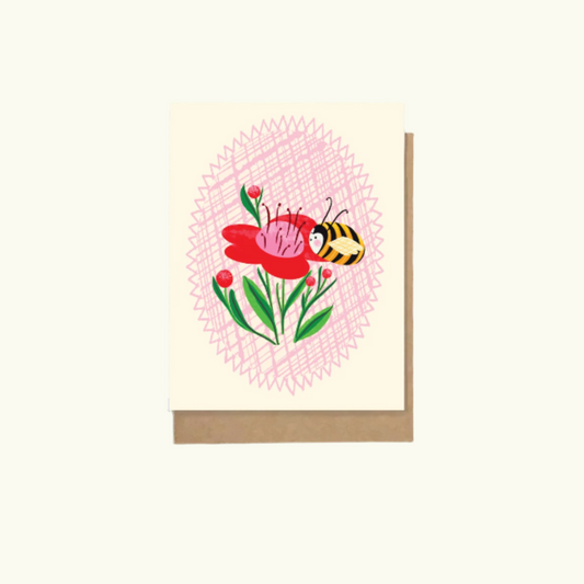 Illustrated greeting card with a bee on a red flower, blank inside for a personal message, with a kraft envelope vintage inspired with a pink plaid background