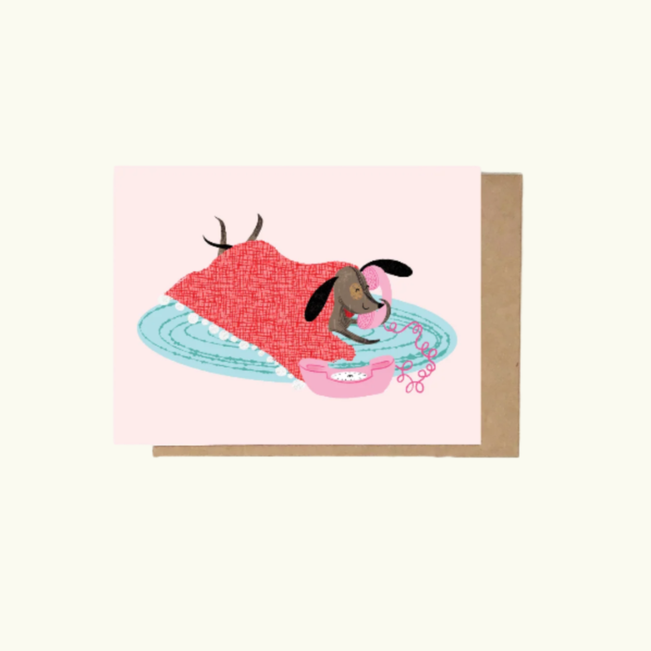 Dachshund on Floor Under a Blanket talking on Phone Greeting Card