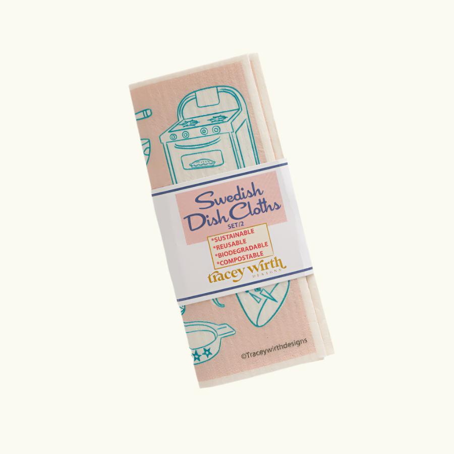 Packaging of Swedish Dish Cloths with 'A Happy Household' illustration and text '2 x 7 7/8" x 6 3/4"' on the label.

