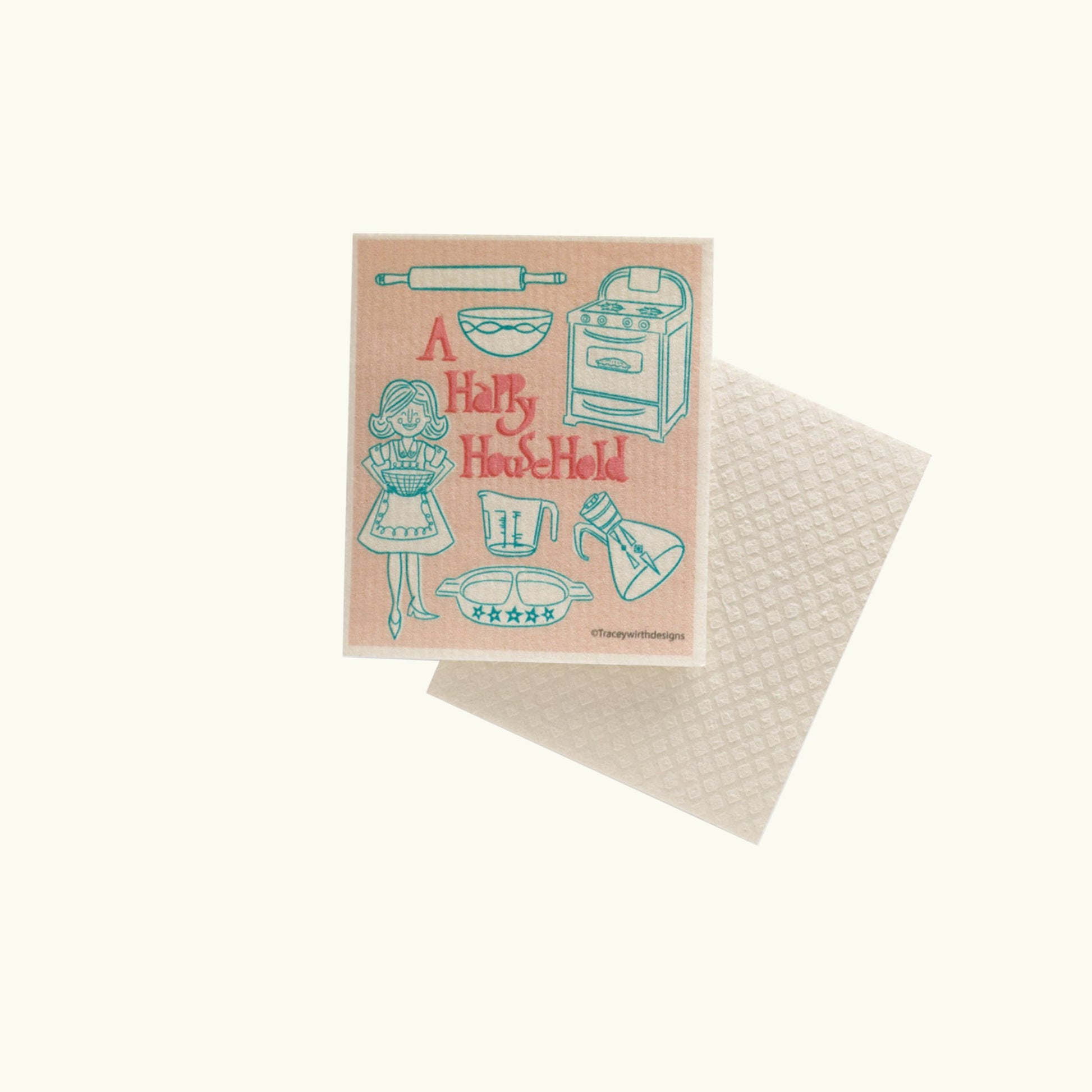 Packaging of Swedish Dish Cloths with 'A Happy Household' illustration and text '2 x 7 7/8" x 6 3/4"' on the label.2
