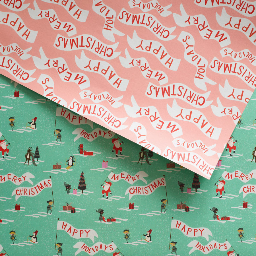 Happy Christmas with Santa, Elves an Penguins Double Sided Gift Wrap set of 2