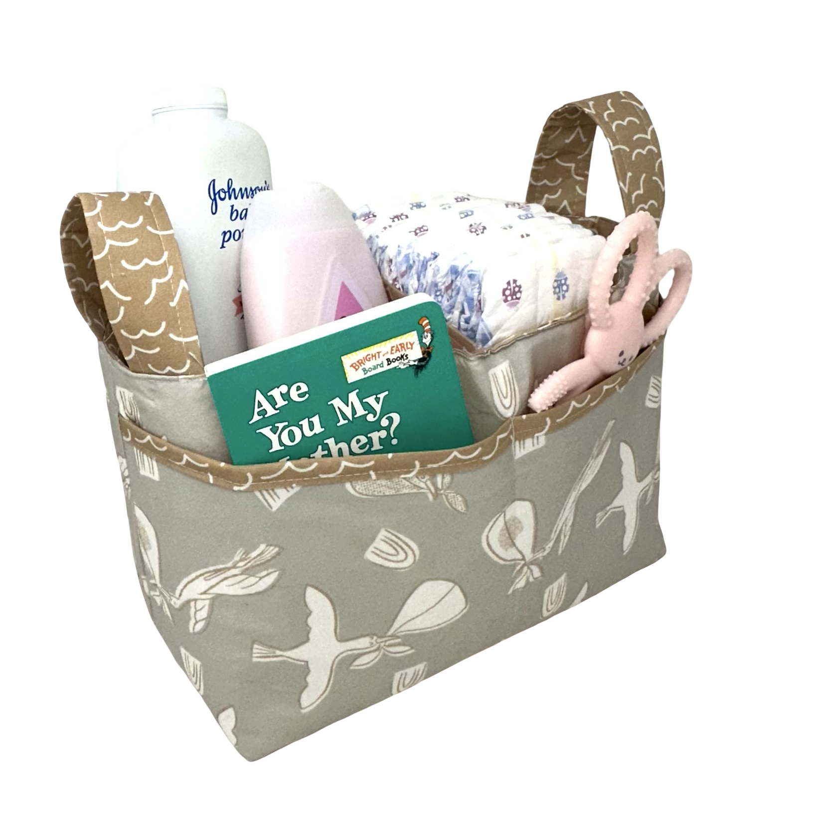 Storks Fabric collection sewn up into a divided basket a pattern by Noodlehead