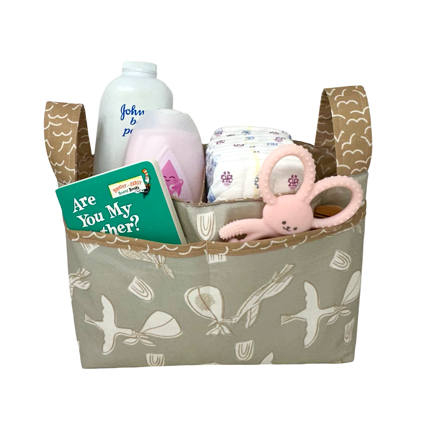 Storks Fabric collection sewn up into a divided basket a pattern by Noodlehead