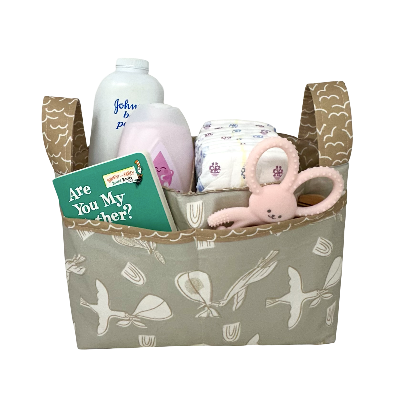 Storks Fabric collection sewn up into a divided basket a pattern by Noodlehead